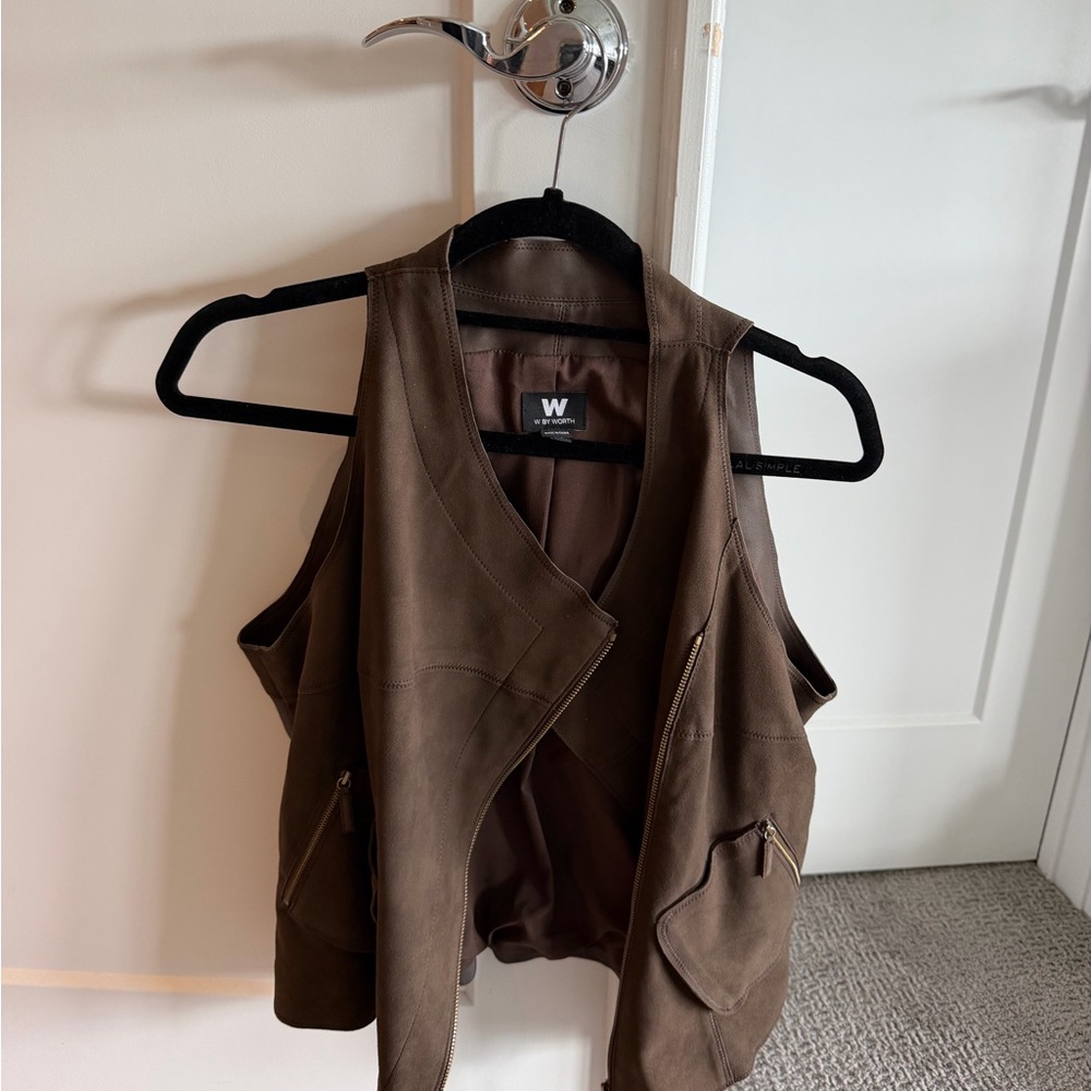 W by Worth Brown Sleeveless Draped Leather Vest